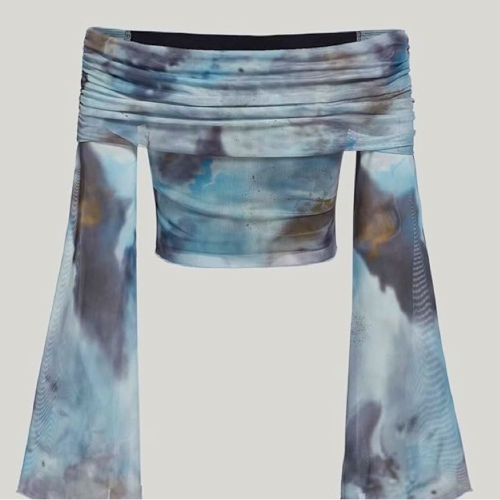 NWOT Verdusa Women's Tie Dye Off Shoulder Crop Top Bell Long Sleeve Ruched Shirt
